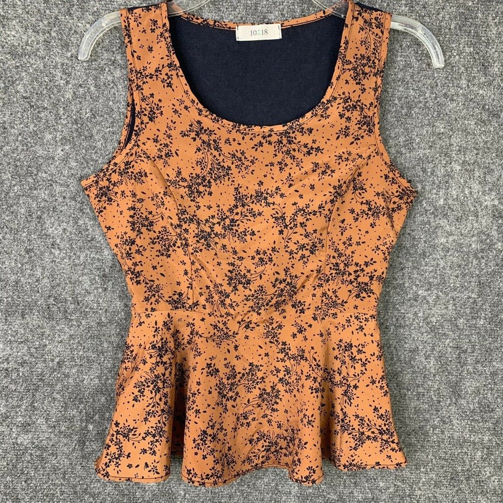 1018 Silky Sleeveless Top Women Small Sheer Back Peplum Rust Black Floral